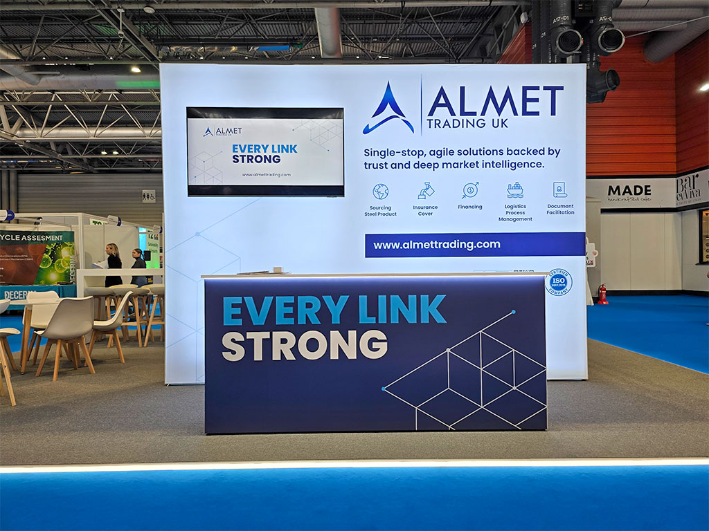 Creative modular exhibition stand with illuminated backwall and branded counter for Almet Trading UK